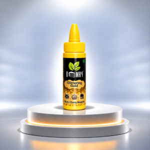 glittering gold bottle on a glowing pedestal